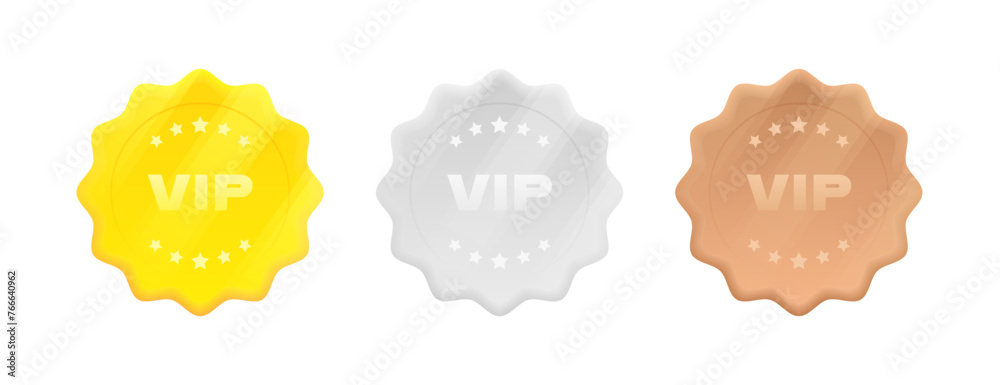 Set VIP badges in gold, silver and bronze color in 3d style with stars ...