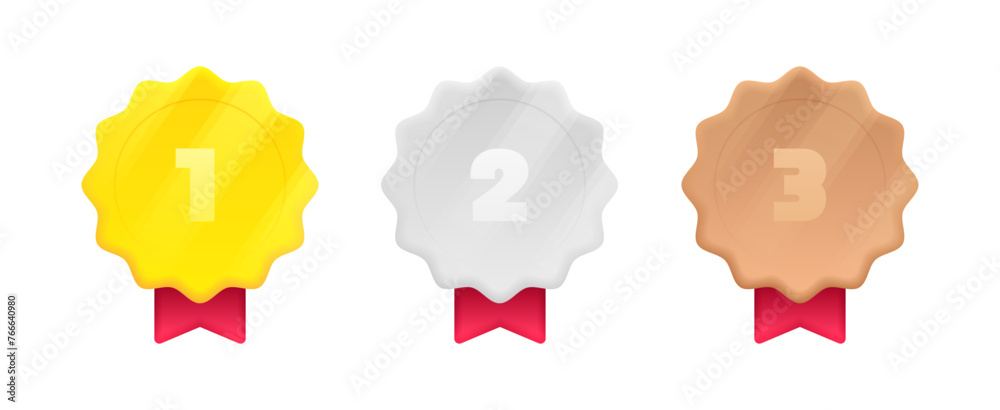 Gold, silver and bronze medal with red ribbon in 3d style with glowing ...