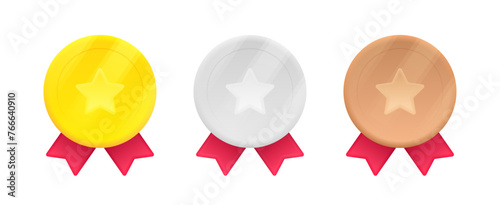 Gold, silver and bronze medal with star and red ribbon in 3d style with glowing effect. 1st, 2nd and 3rd places. Design concept of rating, award, prize place, achievement. Vector illustration