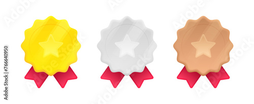 Gold, silver and bronze medal with star and red ribbon in 3d style with glowing effect. 1st, 2nd and 3rd places. Design concept of rating, award, prize place, achievement. Vector illustration