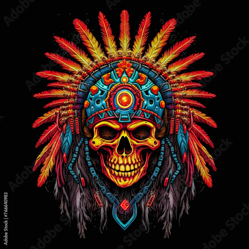 A skull with a feather headdress and a red and blue background.