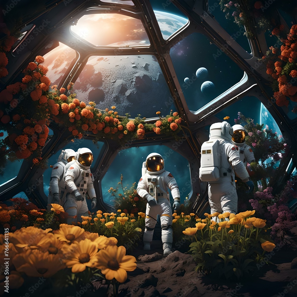 Three men in spacesuits tending to the flowers in a geodesic dome of atmosphere on the moon. - obrazy, fototapety, plakaty 