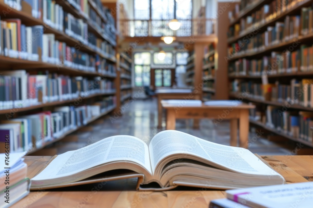 Open book on wooden table in library with blur bookshelf background. Education concept. Open book on wooden table in library with blur bookshelf background. Education concept.
