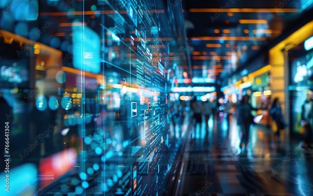 Fototapeta premium Dynamic Data Stream in Urban Setting - Technology and People Blurred Motion 