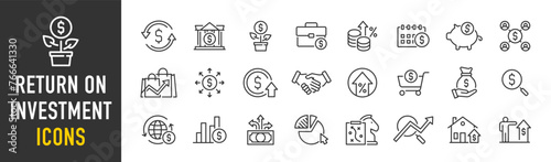 Return on investment web icons in line style. Capital, sales, dividend, roi, profit, collection. Vector illustration.