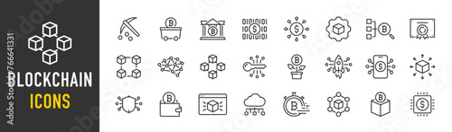 Blockchain web icons in line style. Technology, cryptocurrency, mining, key, transaction, smart contract, collection. Vector illustration.