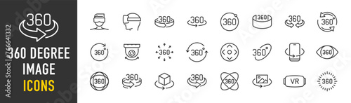 360 Degree image view web icons in line style. Virtual reality, vr glasses, panorama, round, collection. Vector illustration.