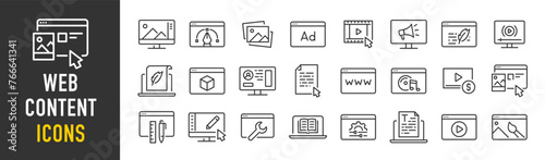 Web Content web icons in line style. Photo, video, media, blogging, collection. Vector illustration.