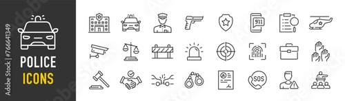 Police web icons in line style. Law, judgement, court, weapon, arrest, police officer, siren, collection. Vector illustration.