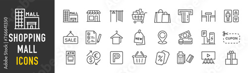 Shopping mall web icons in line style. Store, basket, foodcourt, wish list, cinema, parking, elevator, collection. Vector illustration.
