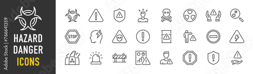 Hazard Danger web icons in line style. Risk, toxic, explosive, flammable collection. Vector illustration.
