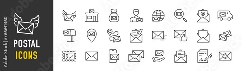 Postal web icons in line style. Email, address, post service, shipping, delivery, packaging collection. Vector illustration.