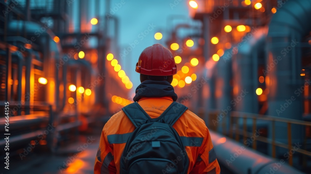 A worker gazes out over an industrial landscape filled with glowing pipes during twilight, highlighting themes of industry and solitude - obrazy, fototapety, plakaty 