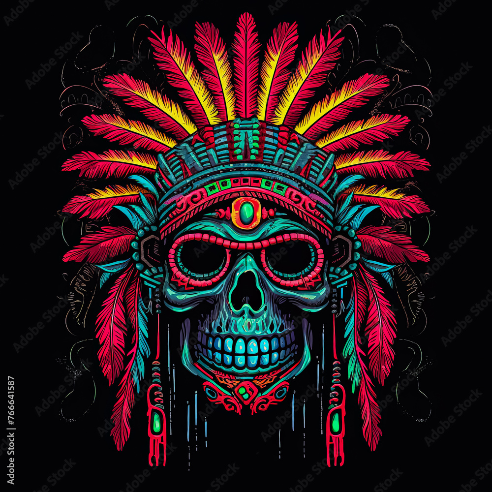 Naklejka premium A skull with a feather headdress and a red and blue background.