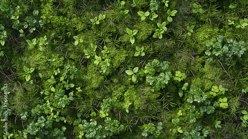 Top view of green moss and various small plants growing on the forest floor. Seamless texture. © Factory