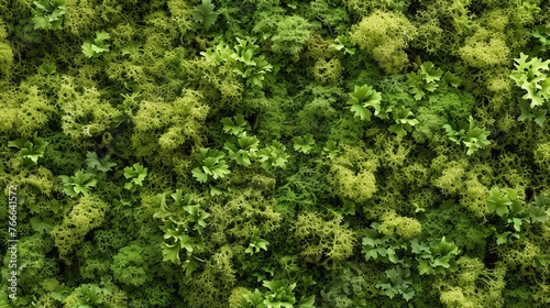 A lush green moss wall with various types of ferns and mosses.