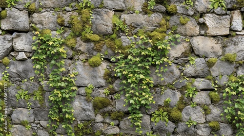 A seamless texture of a stone wall with green moss and ivy growing on it.