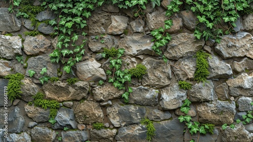 Ivy and moss growing on a stone wall. The stones are rough and uneven, and the plants are green and lush.