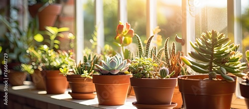 Numerous plants in pots are arranged neatly on a windowsill indoors