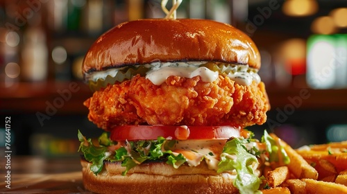 A tantalizing buffalo chicken burger featuring a crispy breaded chicken patty tossed in spicy buffalo sauce, topped with creamy ranch dressing, crisp lettuc photo