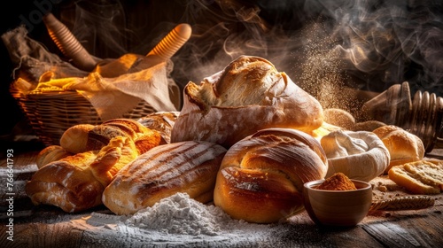 Bakery products, baking industry. food products baked from flour, yeast, salt, water and additional raw materials for bakery products. Bagels, buns, rolls, biscuits and loaf breads. photo