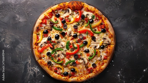 A top-down view of a gourmet pizza loaded with colorful bell peppers, mushrooms, olives, and melted mozzarella cheese.