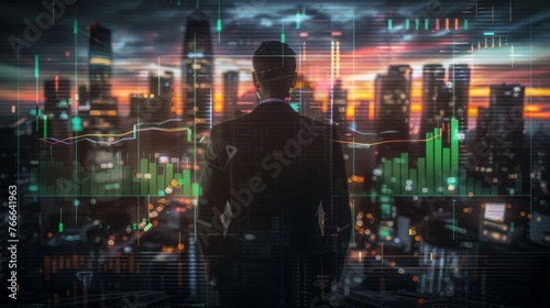 back of businessman in suit with business office glass modern buildings background for economic market stock investment, financial freedom portfolio or company profit and strategy growth IPO banner © JovialFox
