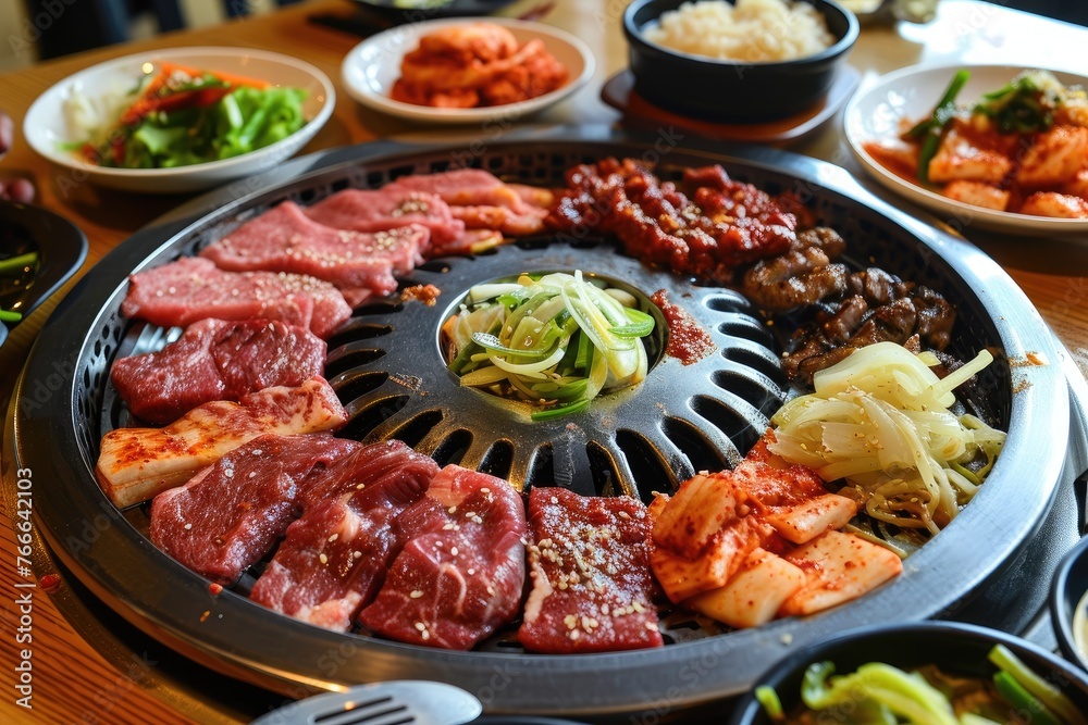 Korean barbecue with marinated meats and delicious sides, grilling experience tantalizes taste buds. Korean barbecue with marinated meats and delicious sides, grilling experience tantalizes taste buds.