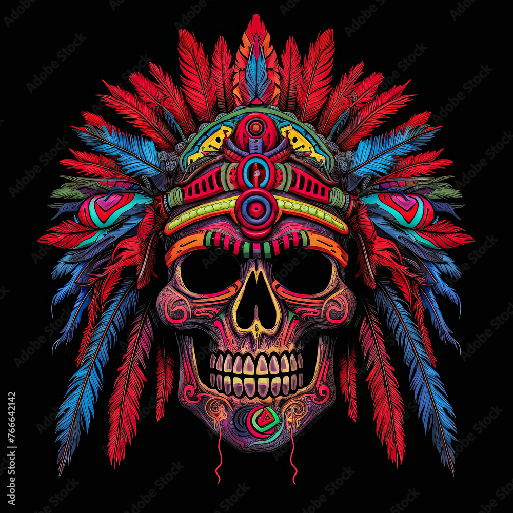 A skull with a feather headdress and a red and blue background.