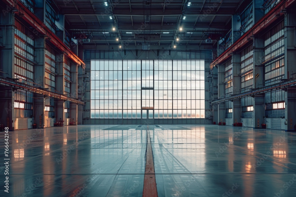 Vast empty airplane hangar with reflective floor and large windows