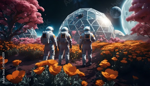 Three men in spacesuits tending to the flowers in a geodesic dome of atmosphere on the moon.