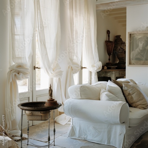 A peaceful living space captured in warm sunlight, highlighting sheer curtains, a comfy sofa, and classic decor, evoking a sense of homey elegance.