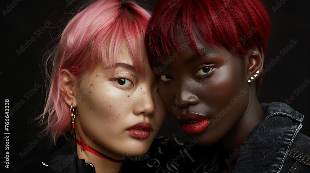 Two stylish young women with striking pink and red hairstyles posing confidently against a dark background. Two stylish young women with striking pink and red hairstyles posing confidently against a dark background.