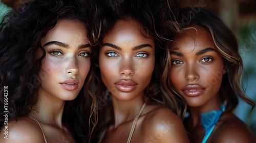 Three diverse women with striking features and captivating eyes posing confidently for a beauty portrait. 