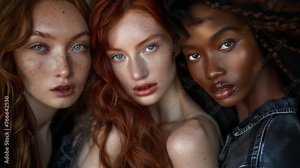 Three diverse women showcase their unique beauty in a striking close-up portrait. 