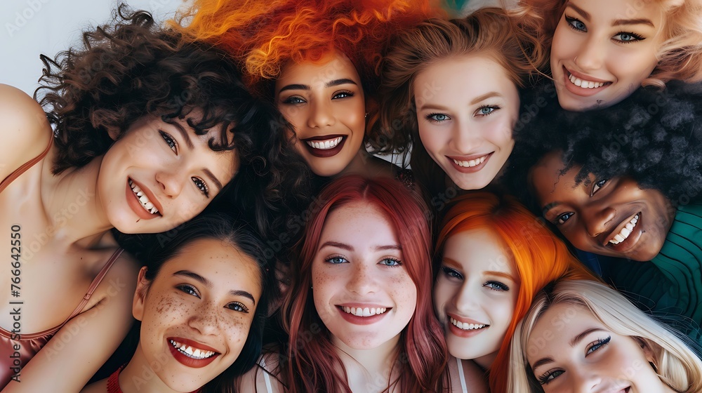 Obraz premium Group of smiling diverse women posing closely for a portrait with an emphasis on unity and friendship. 