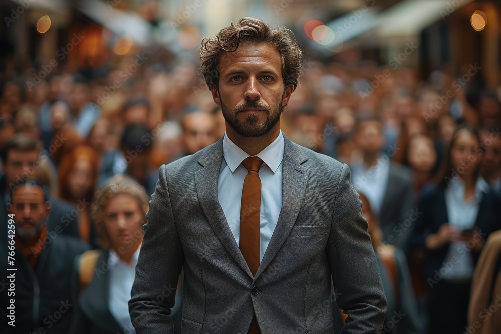 Influential individual leads bustling crowd with confidence Influential individual leads bustling crowd with confidence