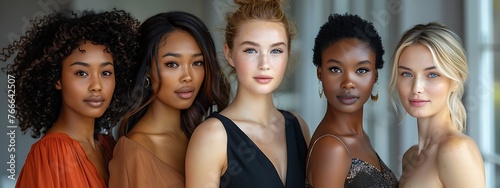 Portrait of five diverse confident women in a row with varied skin tones and hairstyles looking at the camera with a calm expression. 