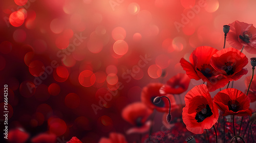 Remembrance Day background with copy space. Red poppy flowers on bokeh background. Suitable for social media posts, posters, and other marketing materials.