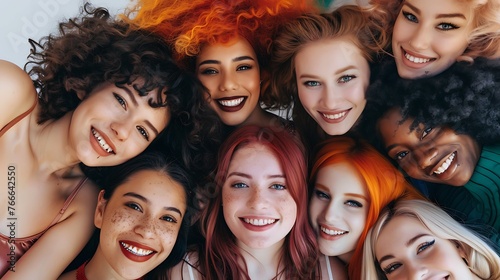 Group of smiling diverse women posing closely for a portrait with an emphasis on unity and friendship. 