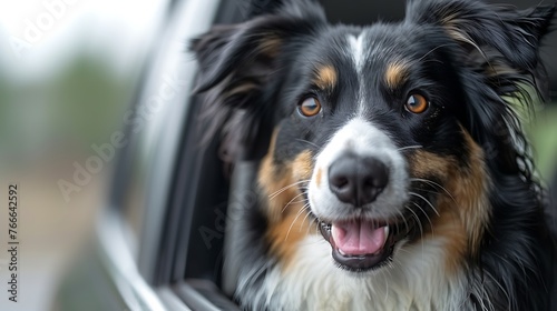 A happy Australian Shepherd dog sticks its head out from a car window, looking excited and ready for a road trip. © Athena