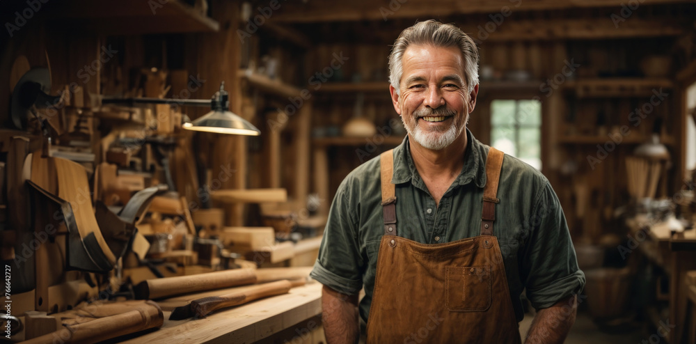 Skilled woodworker in his workshop with a friendly smile.