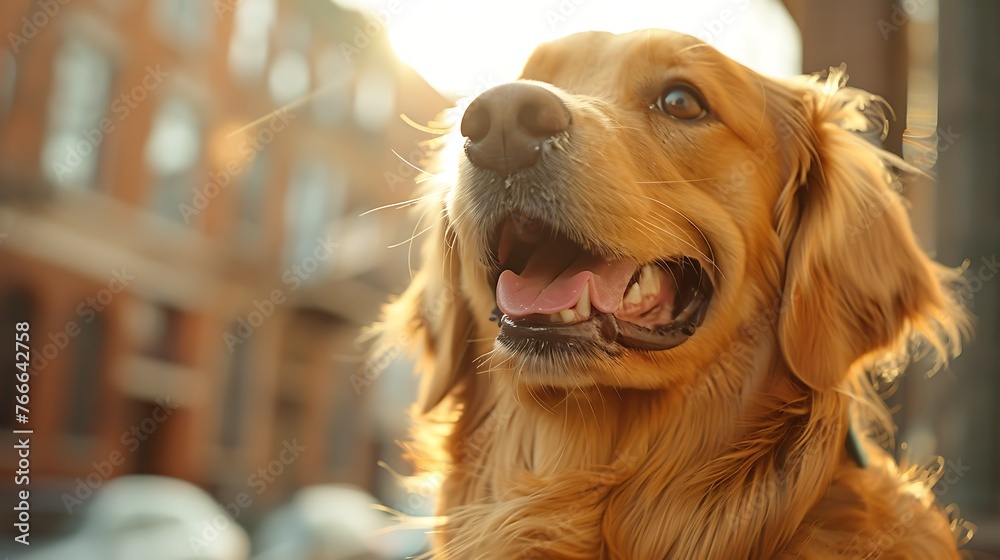 Portrait of a happy golden retriever dog with a sunlit city background 