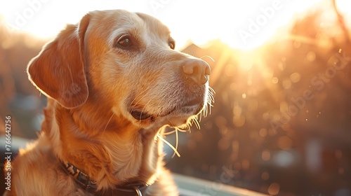 A serene golden retriever basks in the soft glow of a sunset, evoking a sense of peace and companionship 