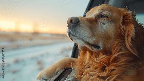 A golden retriever gazes out of a car window during a scenic sunset drive.