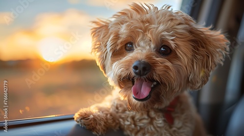 Adorable dog enjoying a car ride with a sunset backdrop. 