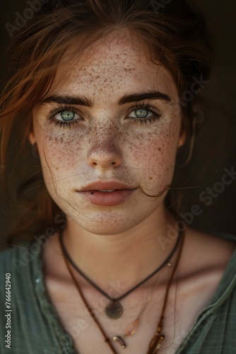 Portrait of a young woman with freckles and captivating green eyes looking at the camera 