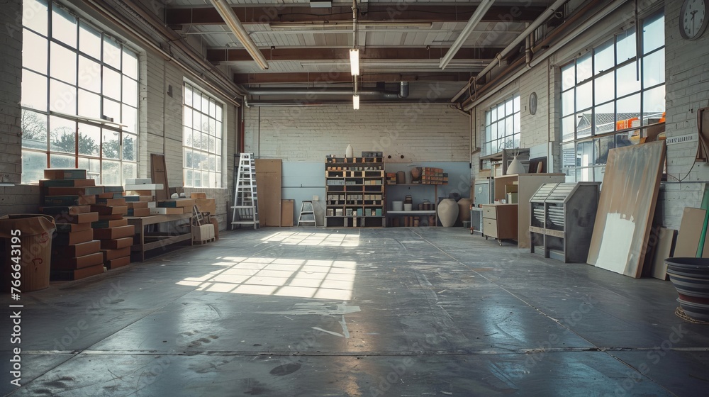 Spacious and well-organized ceramics studio with kilns, shelves, and ample workspace