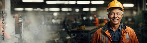 Experienced factory worker with a protective vest in the industrial setting.