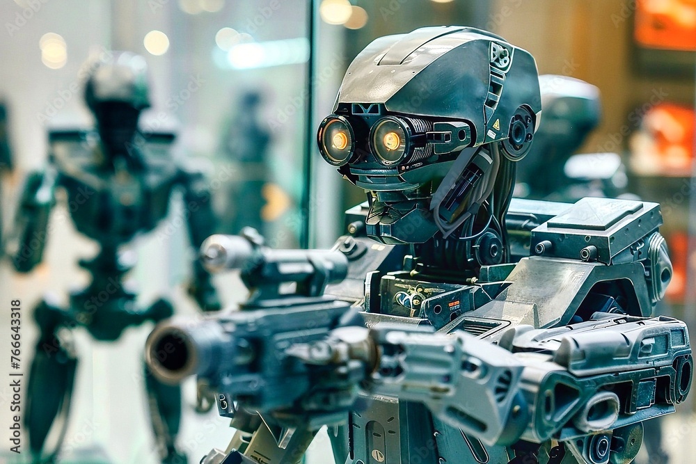 Futuristic armored robot with weapon in hand. Robot cyborg soldier.